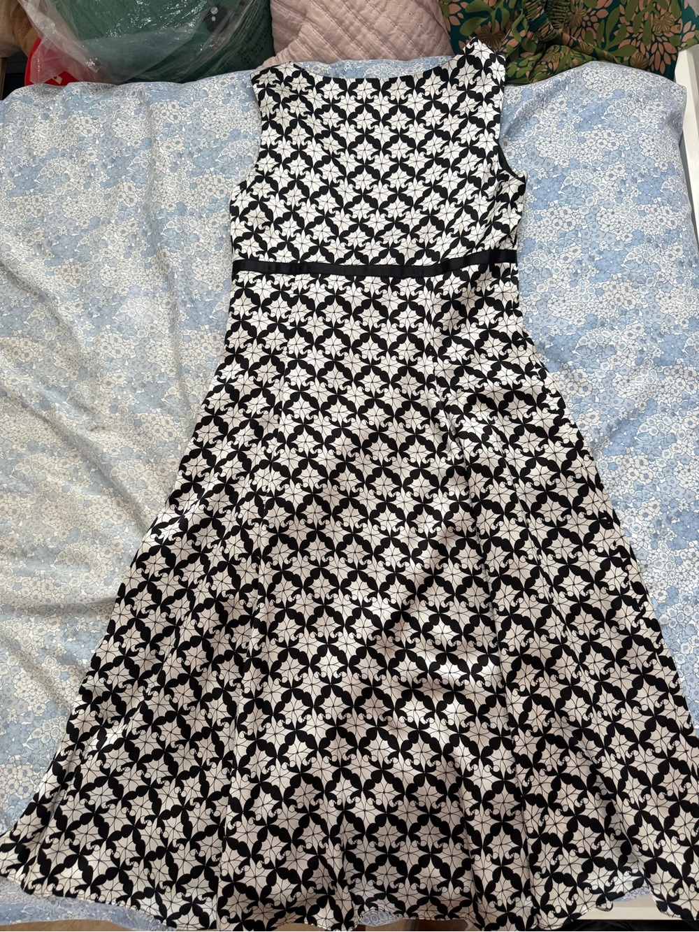 Sleeveless Black & White Floral Fit-and-Flare Midi Dress